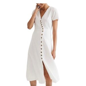 Madewell Linen Blend Button Wrap White Short Sleeve V-Neck Midi Dress 6